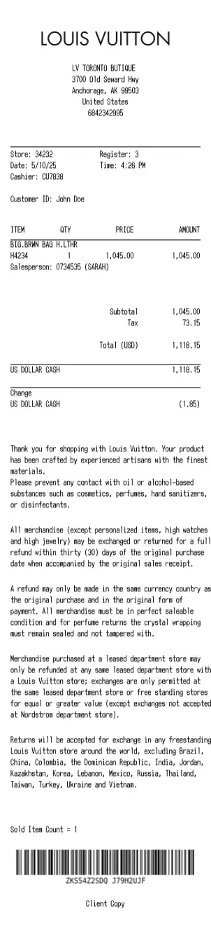 Louis Vuitton receipt preview